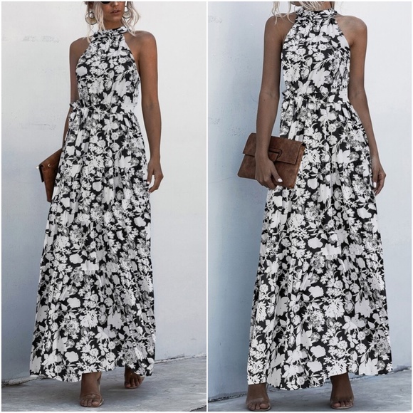 Boho Pastel Green Floral Print Halter Maxi Dress Ruffle - Picture 9 of 13